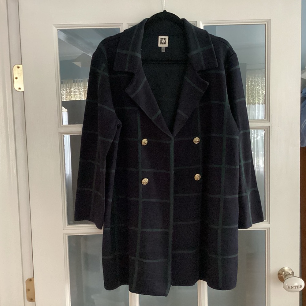 Anne Klein Navy Plaid Double-Breasted Sweater Jacket